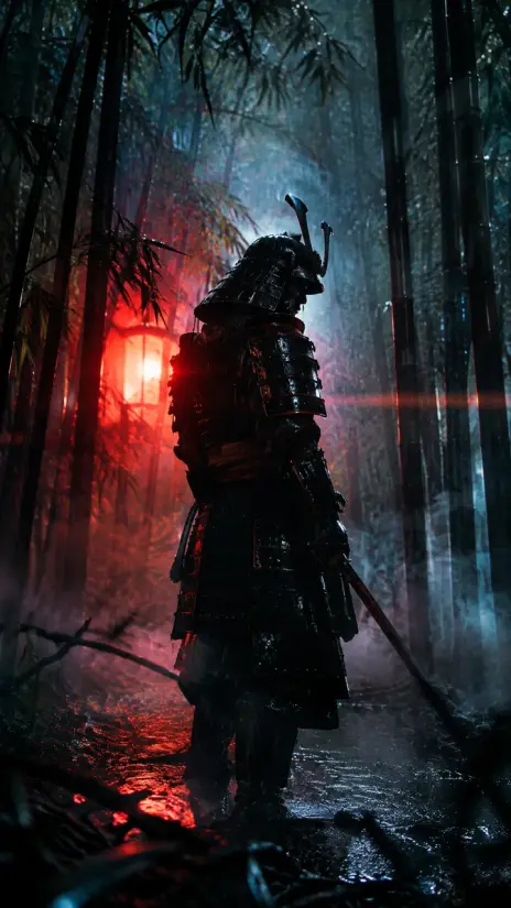 Image made with GPT Image 2.5 Flare: A lone samurai in black lacquered armor standing in a bamboo forest during heavy rain, red