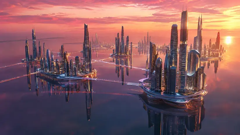 Image made with GPT Image 2.5 Flare: An impossible city of glass skyscrapers floating on a mirror-still ocean at dusk, bridges 