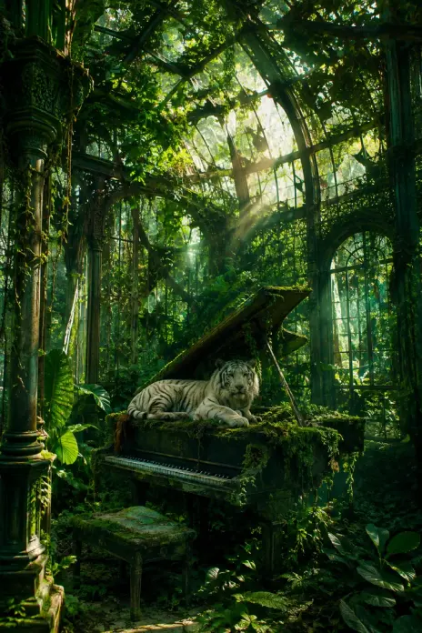 Image made with GPT Image 2.5 Flare: An abandoned Victorian greenhouse overtaken by jungle, a white tiger resting on a moss-cov