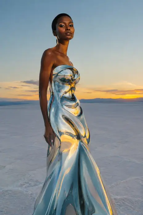 Image made with GPT Image 2.5 Flare: Editorial fashion portrait of a model wearing a sculptural liquid-chrome gown on a white s
