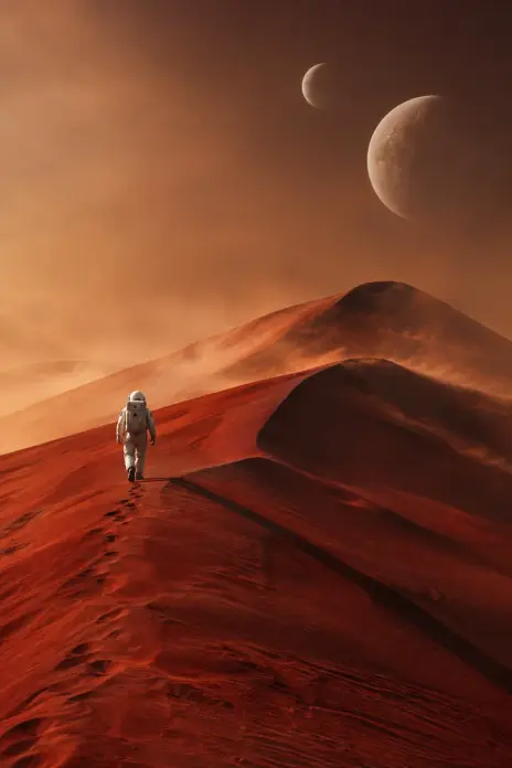 Image made with GPT Image 2.5 Flare: An astronaut in a weathered white suit walking across towering red sand dunes under two mo
