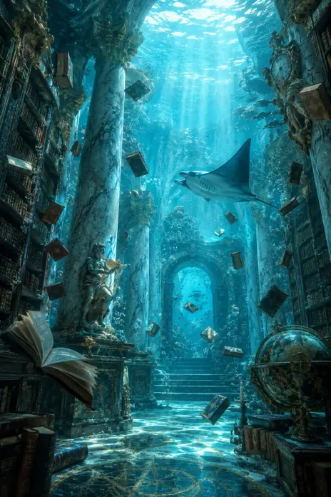 Image made with GPT Image 2.5 Flare: A sunken baroque library at the bottom of the ocean, shafts of sunlight piercing turquoise