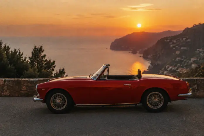 Image made with GPT Image 2.5 Flare: A cherry-red 1960s convertible parked on a coastal cliff road at sunset, the Mediterranean