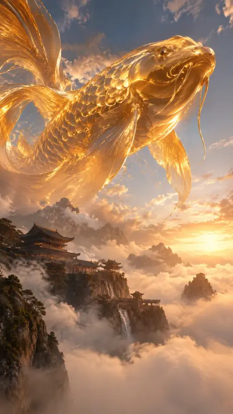 Image made with GPT Image 2.5 Flare: A colossal koi fish made of liquid gold swimming through the clouds above a misty mountain