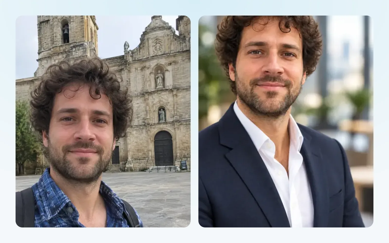 A selfie taken in front of a church, next to the business headshot chatmodel's Headshot Generator made from it