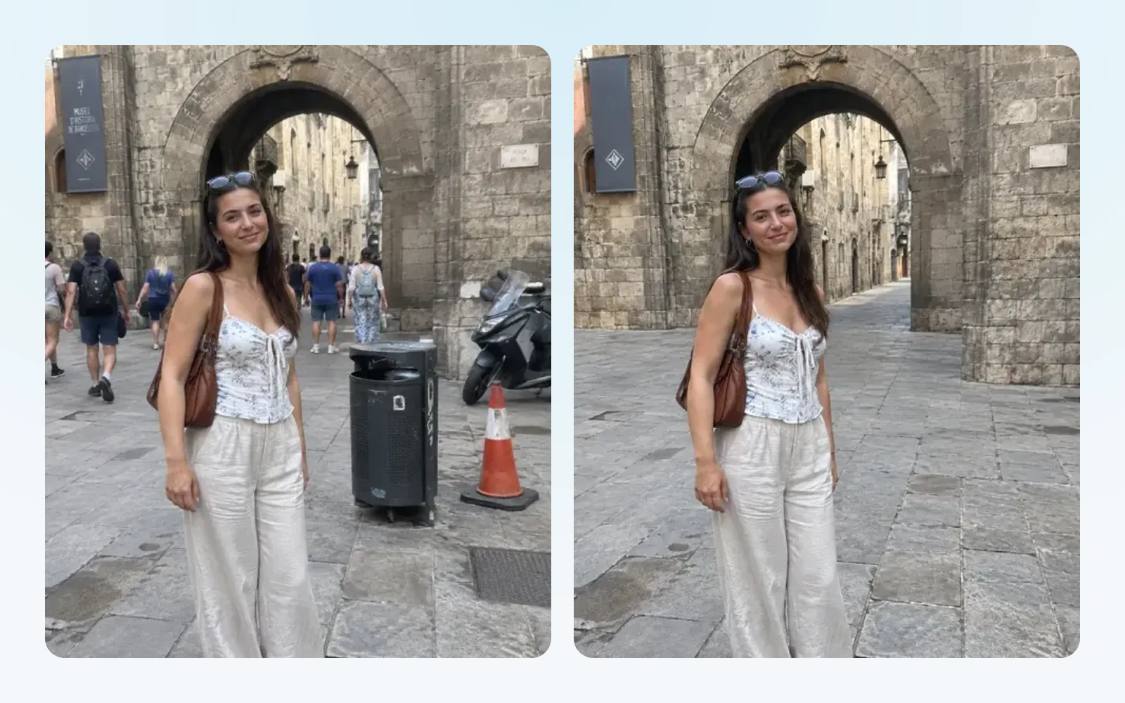 A holiday photo with tourists, a bin and a traffic cone behind the woman, and the same photo after Remove Object, with an empty street