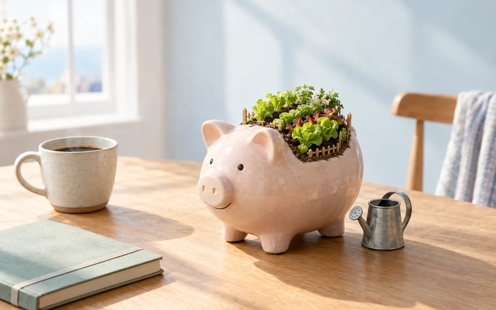 A piggy bank on a kitchen table with a tiny vegetable garden growing on its back