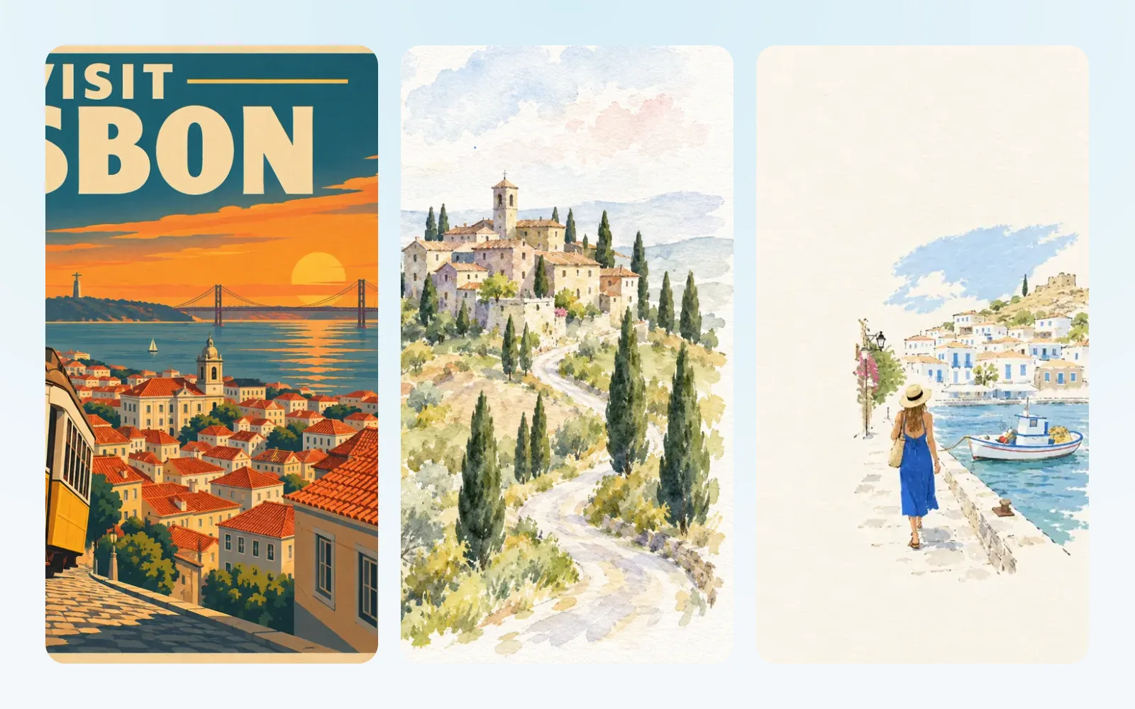 A Lisbon travel poster, a watercolor of a Tuscan village and a travel-sketchbook drawing, all made in chatmodel