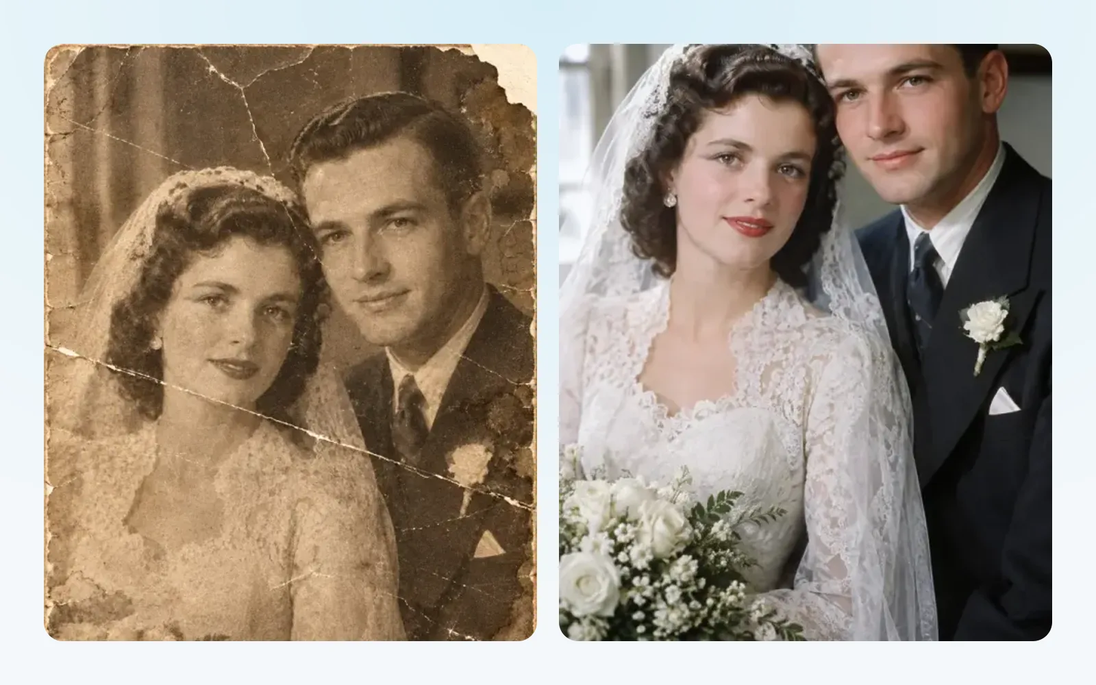 An old, cracked wedding photo next to the same photo restored and colored in chatmodel