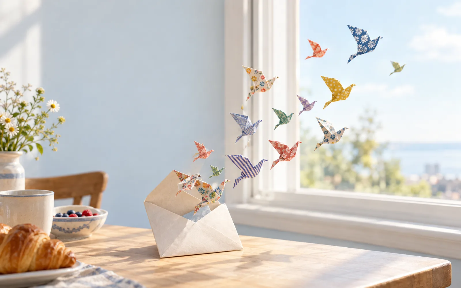 Origami birds of different patterned papers flying out of an open envelope towards a sunny window