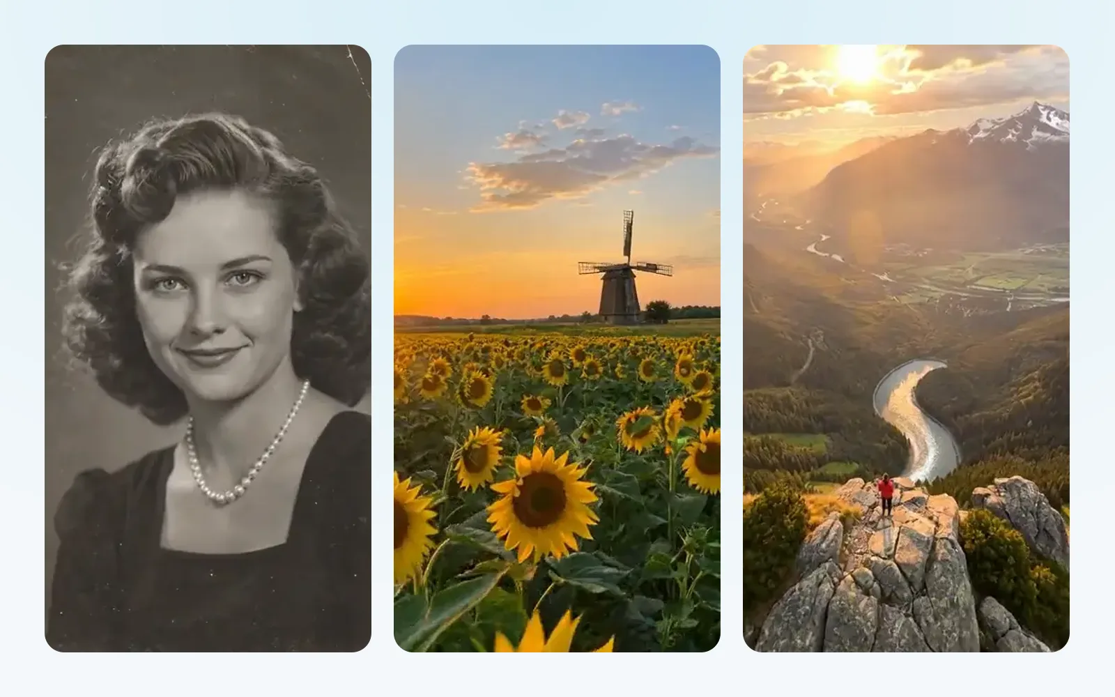 Three stills from videos made in chatmodel from a single picture: an old black-and-white portrait, a windmill in a sunflower field and a drone view over a valley