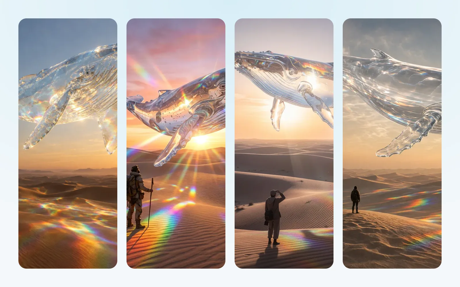 The same glass whale over the desert, drawn by GPT Image 2.5 Flare, Nano Banana Pro, Flux 2 Pro and Grok Imagine Image 2.0